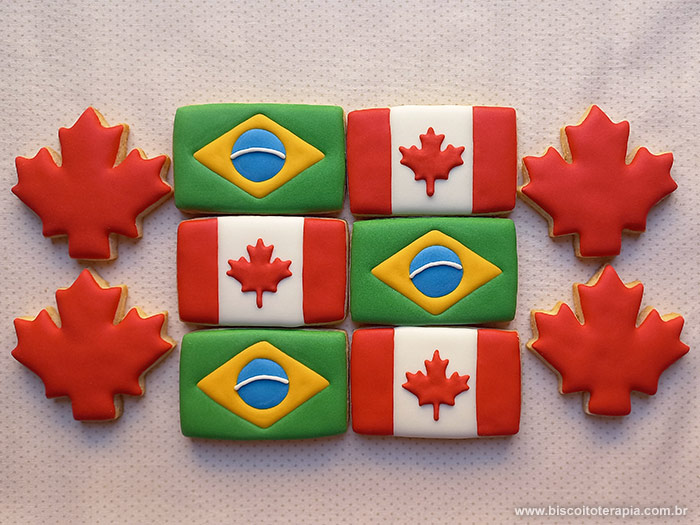 Biscoitos Decorados de Bandeiras Canadá e Brasil Biscoitos Decorados de Bandeiras Canadá e Brasil